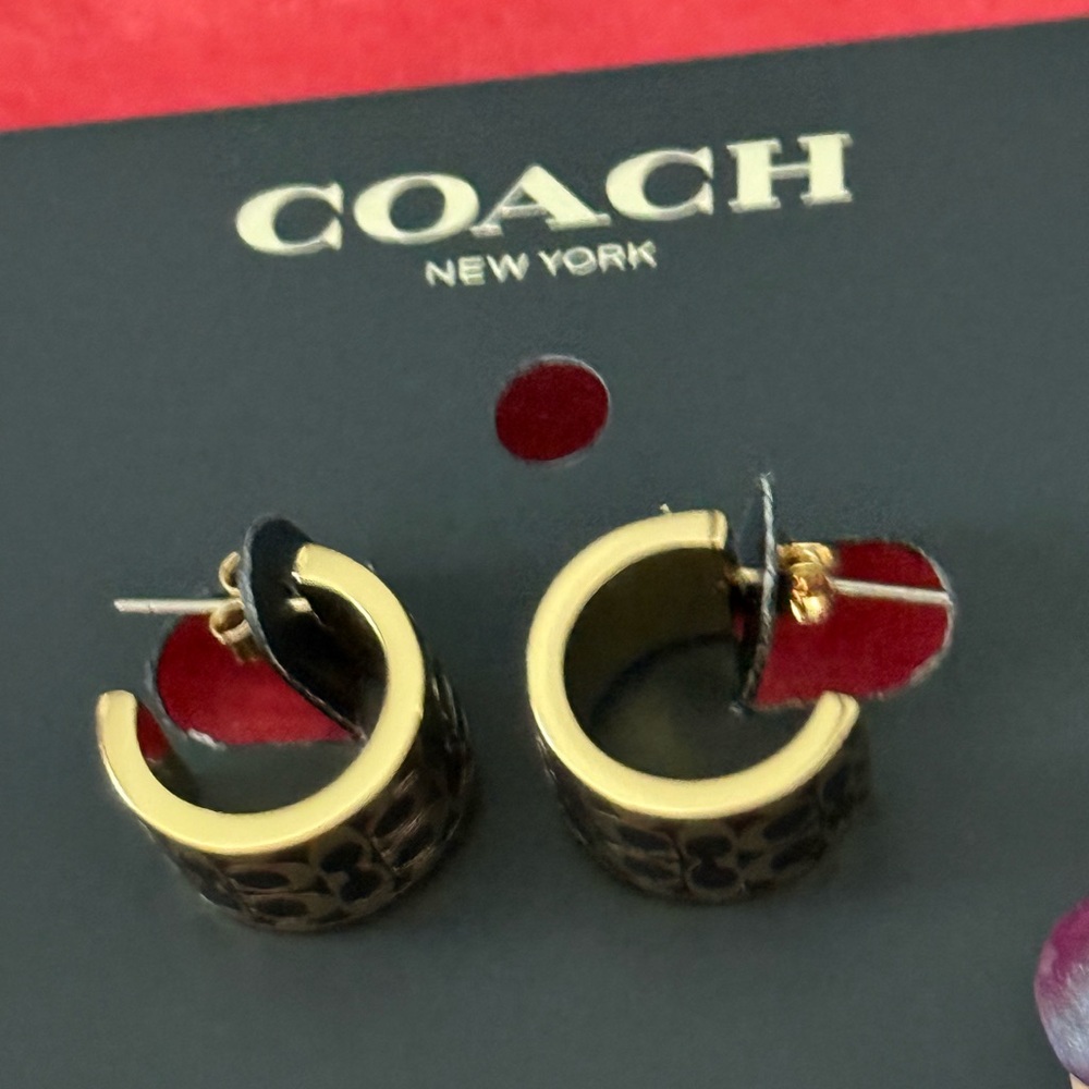 Coach Gold and Black Hoop Earrings. NWT - Picture 2 of 9